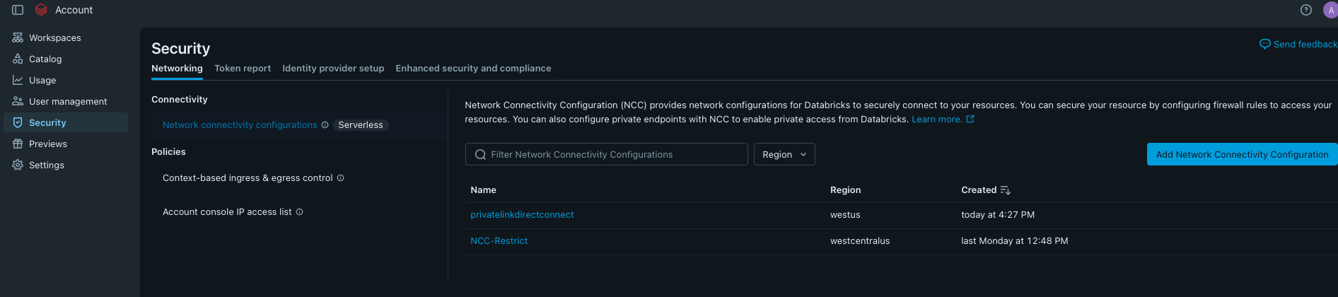 Databricks account Security networking page listing Network Connectivity Configurations