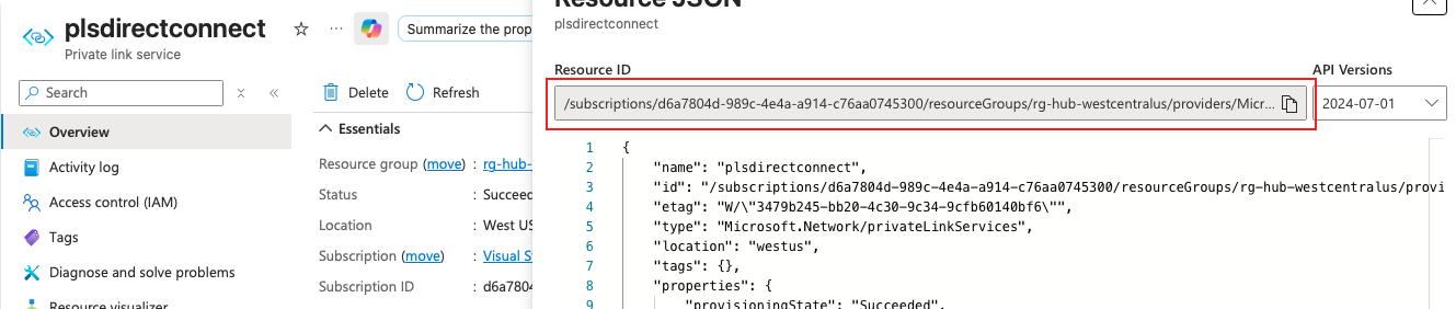 Azure Private Link Service resource details showing the service name and resource ID