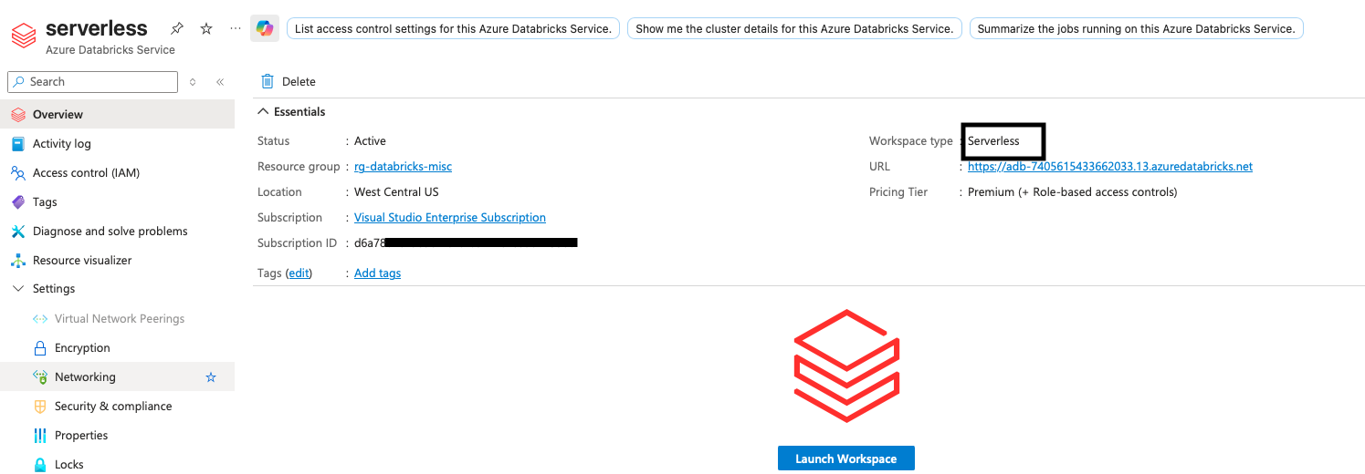 Azure portal showing the Azure Databricks Serverless workspace