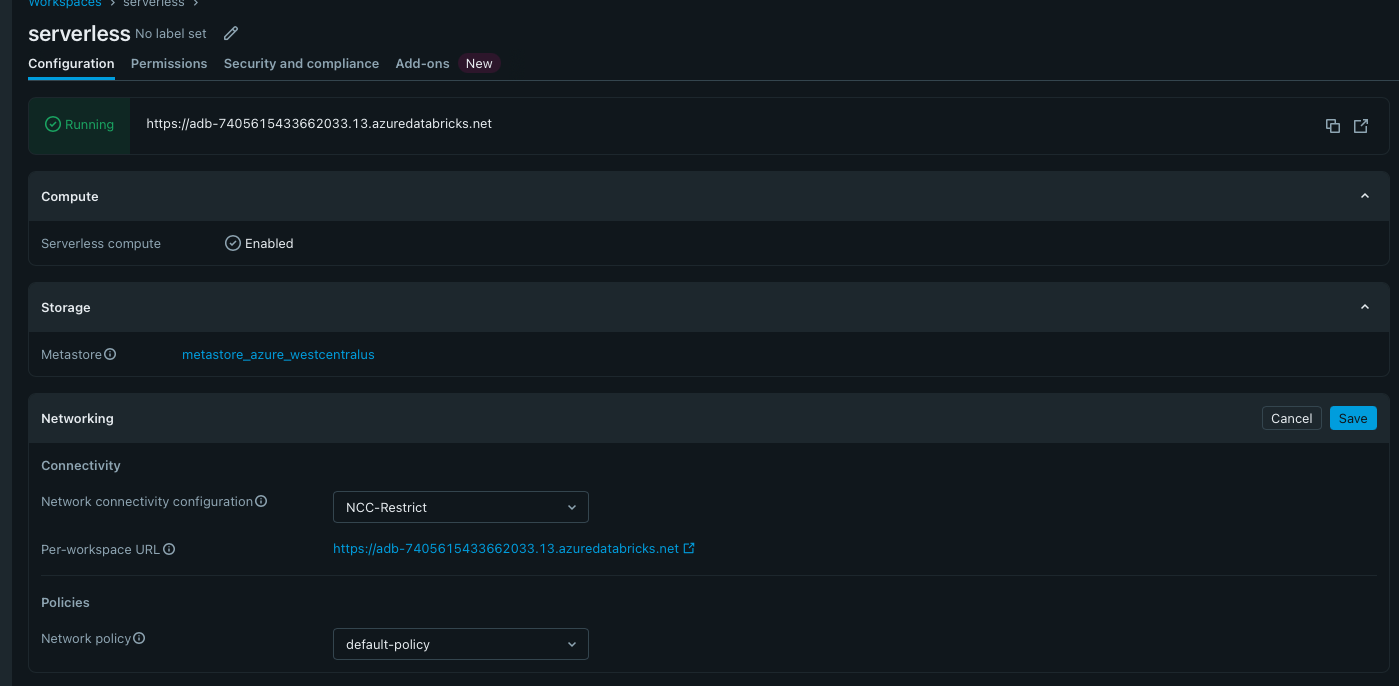Serverless workspace attached to NCC-Restrict