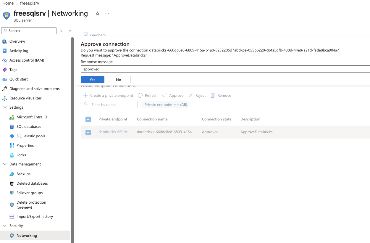 Azure SQL Server private endpoint connection approval