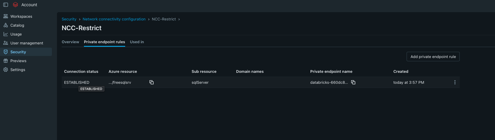 Databricks NCC private endpoint showing established status