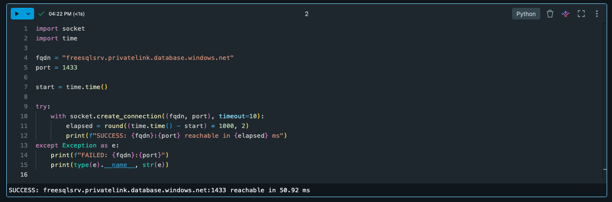 Databricks Serverless notebook validating TCP connectivity to port 1433